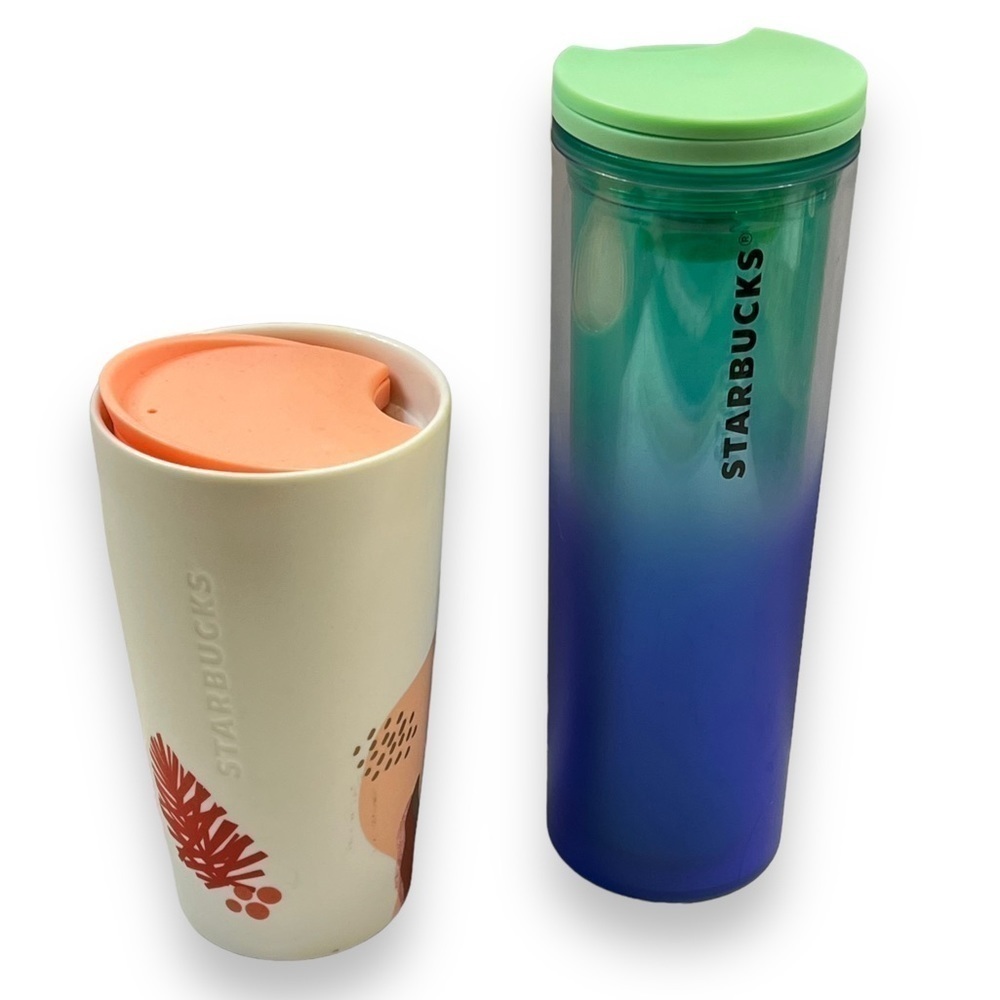 TWO Starbucks Travel Cups 16oz Frosted Ombre 12oz Ceramic Holiday Pinecones